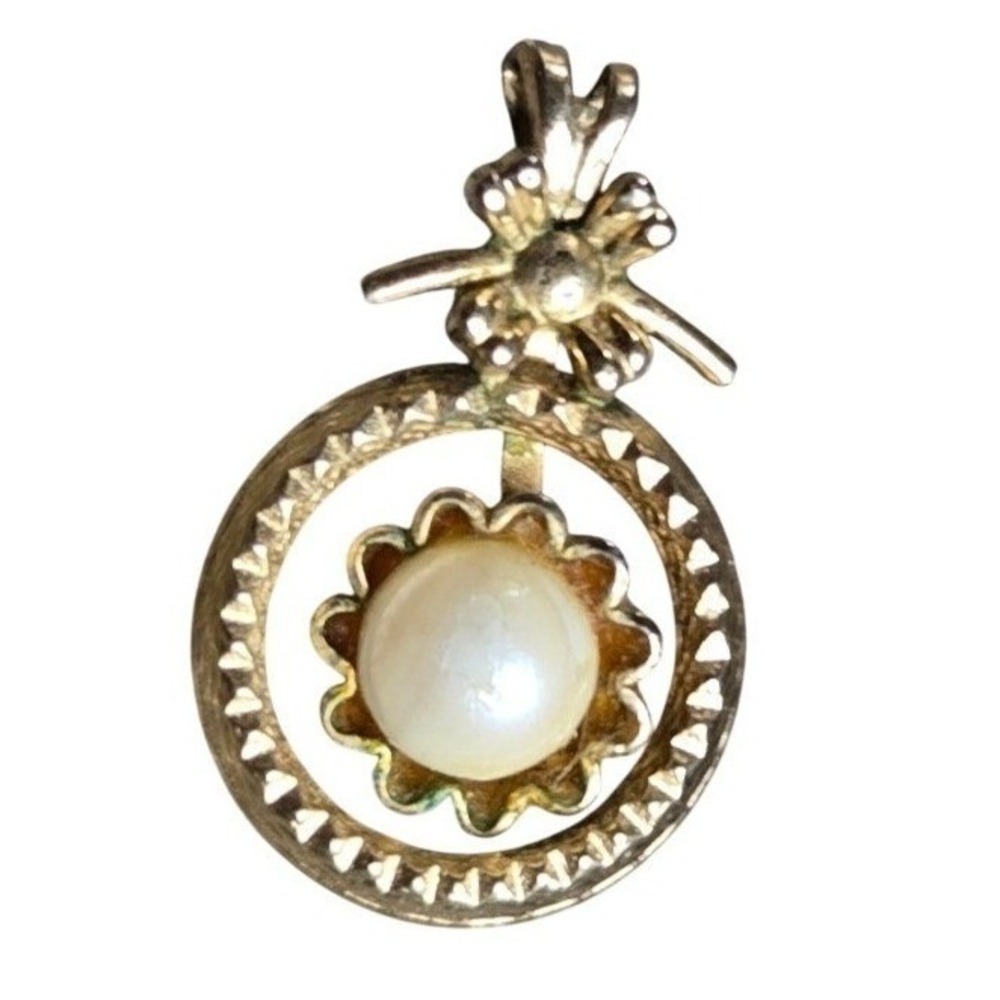 Vintage Faux Pearl Flower Charm Gold Fill Circular Frame Dainty Jewelry